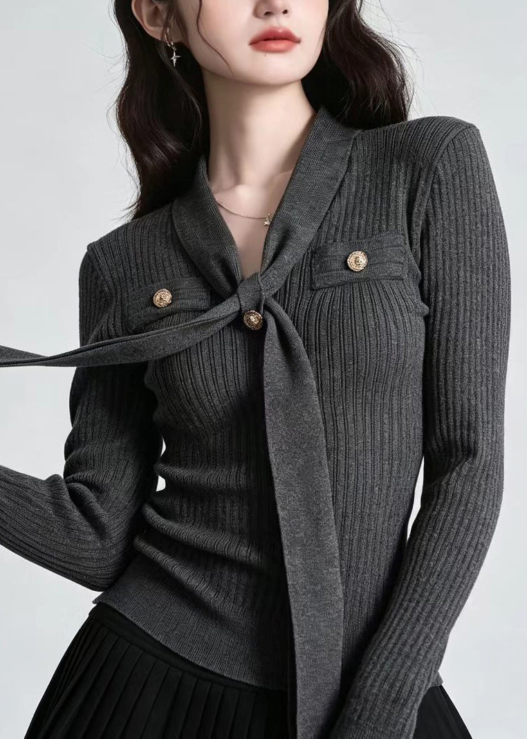 Slim Fit Dark Gray V Neck Tie  Knit Top Long sleeve