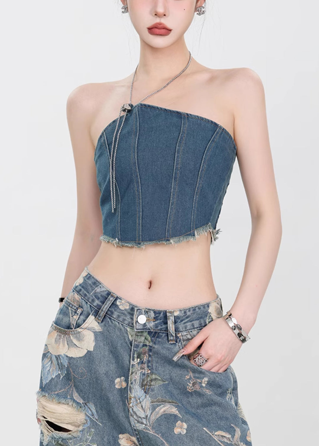 Slim Fit Denim Blue Backless Chain Linked Tank Sleeveless