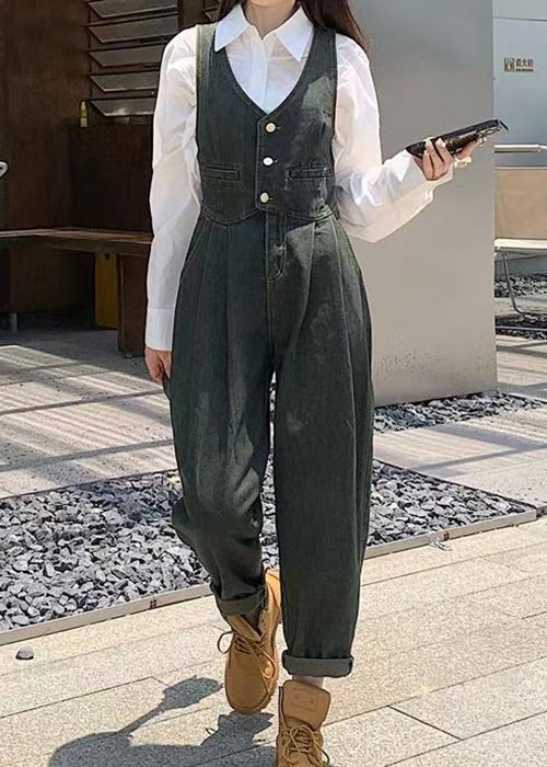 Slim Fit Denim Blue Button Pockets High Waist Jumpsuits Sleeveless