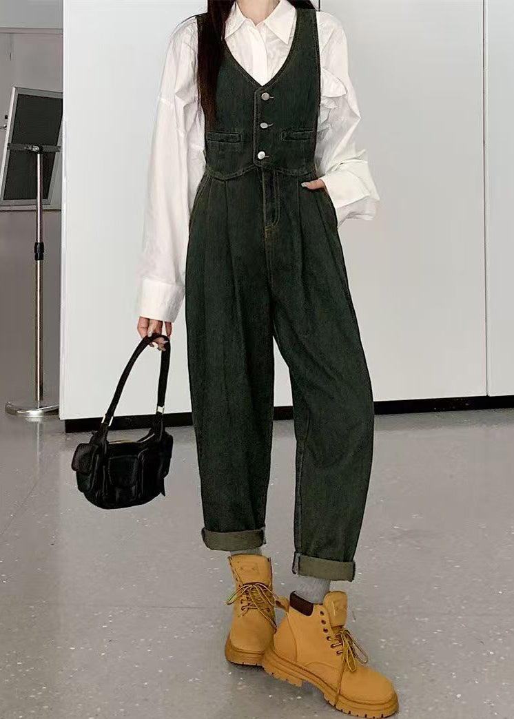 Slim Fit Denim Blue Button Pockets High Waist Jumpsuits Sleeveless