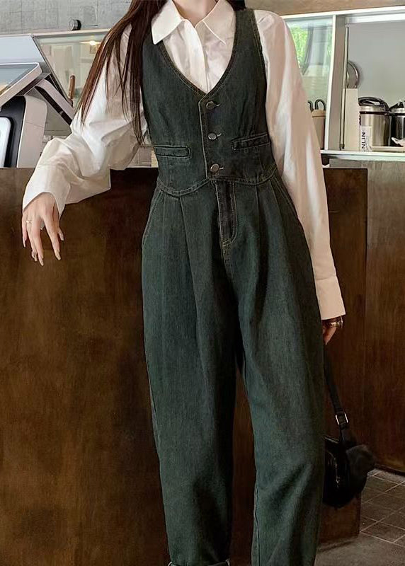 Slim Fit Denim Blue Button Pockets High Waist Jumpsuits Sleeveless