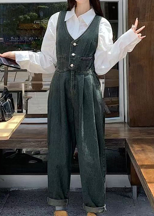 Slim Fit Denim Blue Button Pockets High Waist Jumpsuits Sleeveless