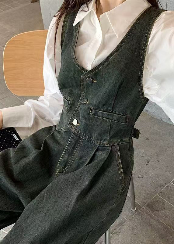 Slim Fit Denim Blue Button Pockets High Waist Jumpsuits Sleeveless