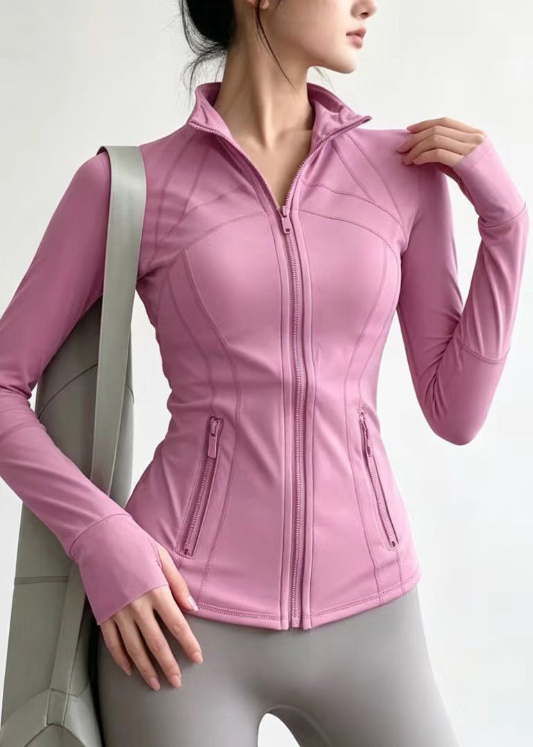 Slim Fit Dusty Pink Stand Collar Zip Up Long Sleeve Tennis Coats