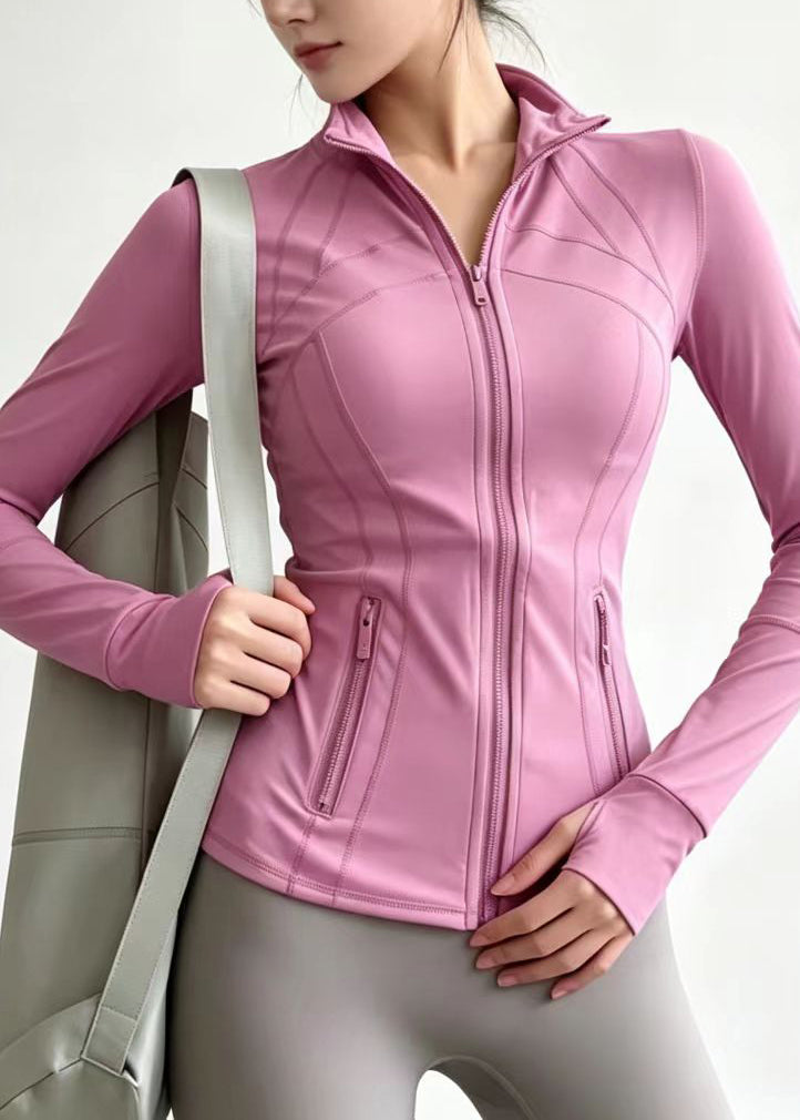Slim Fit Dusty Pink Stand Collar Zip Up Long Sleeve Tennis Coats