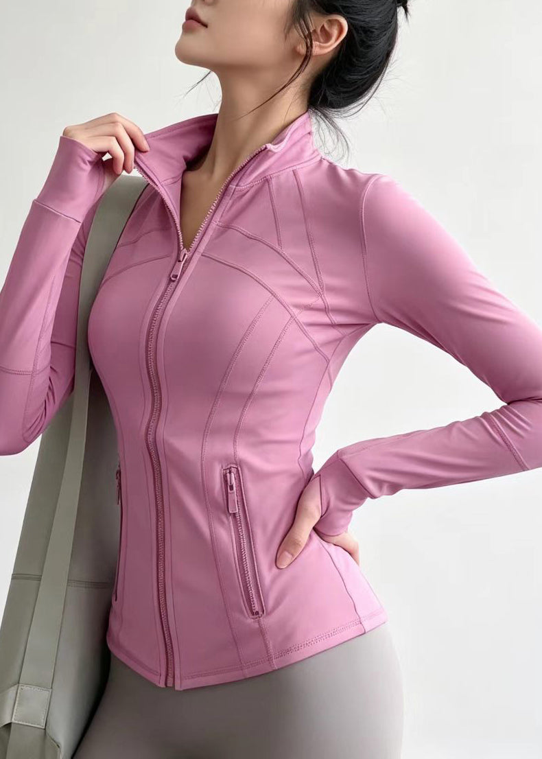 Slim Fit Dusty Pink Stand Collar Zip Up Long Sleeve Tennis Coats