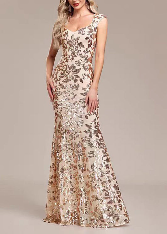 Slim Fit Gold V Neck Sequins Party Dress Sleeveless