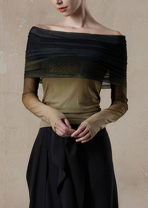 Slim Fit Gradient Color Slash Neck Tulle T Shirt Fall