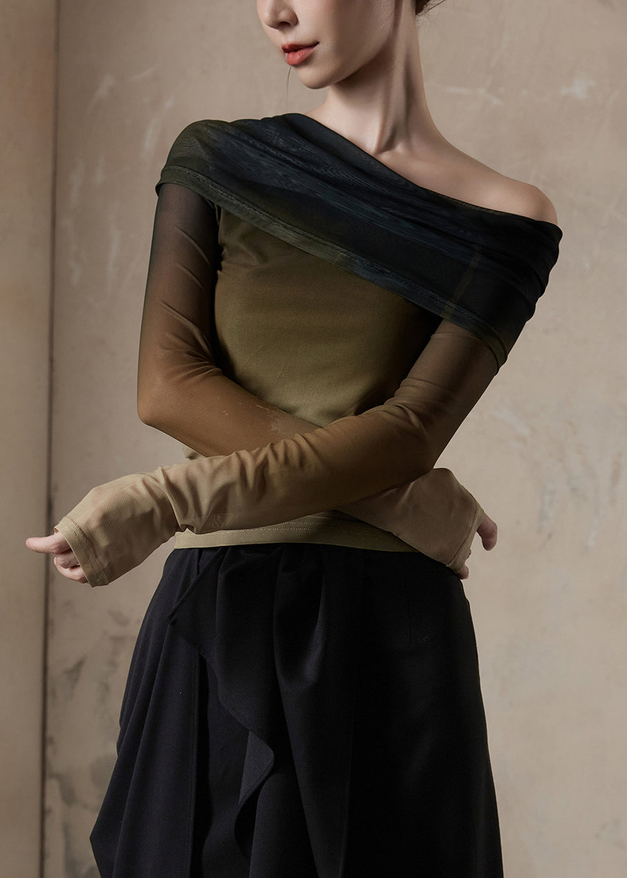 Slim Fit Gradient Color Slash Neck Tulle T Shirt Fall