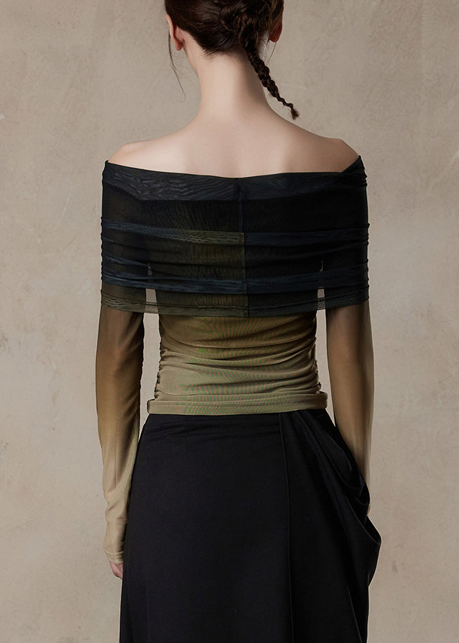 Slim Fit Gradient Color Slash Neck Tulle T Shirt Fall