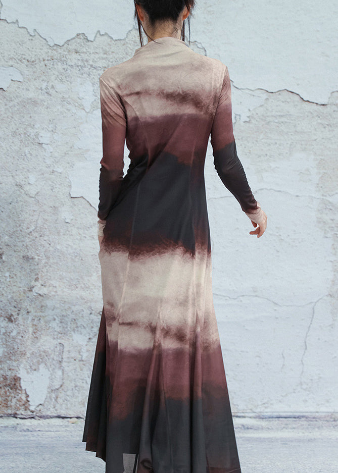 Slim Fit Gradient Color Turtleneck Tulle Long Dresses Fall