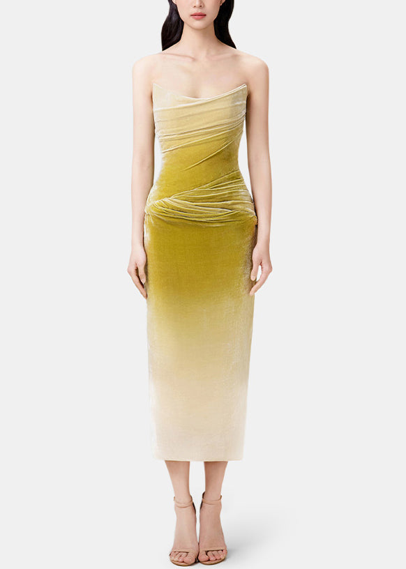 Slim Fit Gradient Color Wrinkled Side Open Silk Velvet Spaghetti Strap Dress Sleeveless