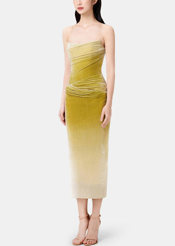 Slim Fit Gradient Color Wrinkled Side Open Silk Velvet Spaghetti Strap Dress Sleeveless
