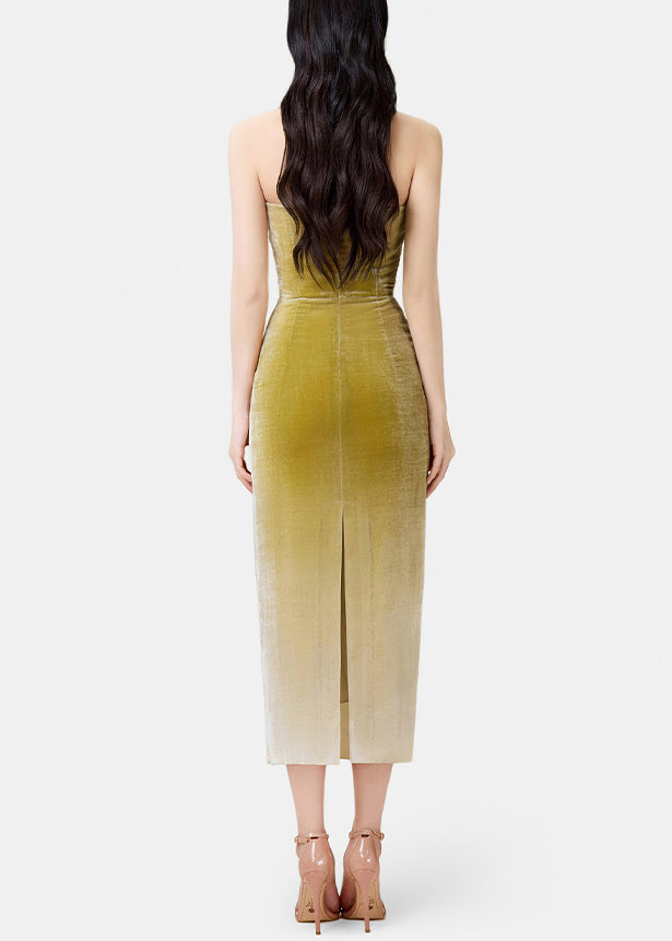 Slim Fit Gradient Color Wrinkled Side Open Silk Velvet Spaghetti Strap Dress Sleeveless
