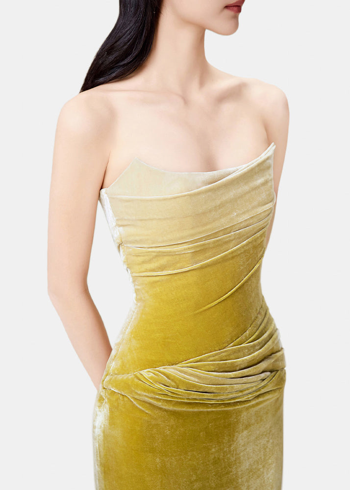 Slim Fit Gradient Color Wrinkled Side Open Silk Velvet Spaghetti Strap Dress Sleeveless