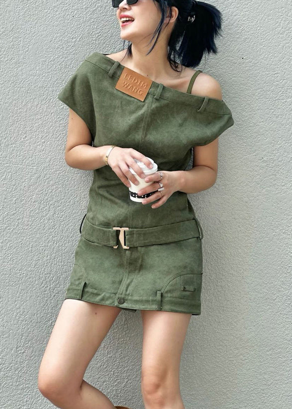 Slim Fit Green Asymmetrical High Waist Denim Mini Dresses Summer