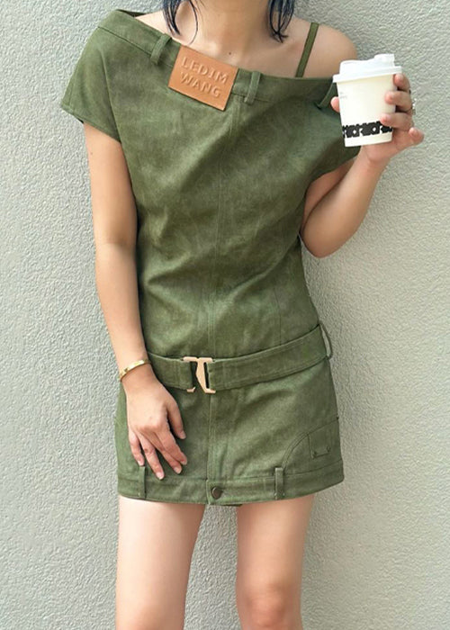 Slim Fit Green Asymmetrical High Waist Denim Mini Dresses Summer