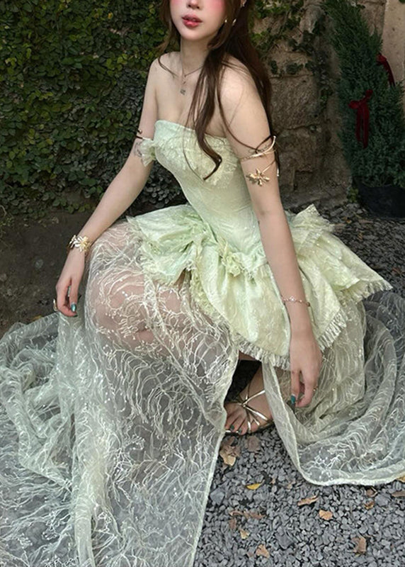 Slim Fit Green Bustier Top Patchwork Vacation Lace Long Dresses Sleeveless