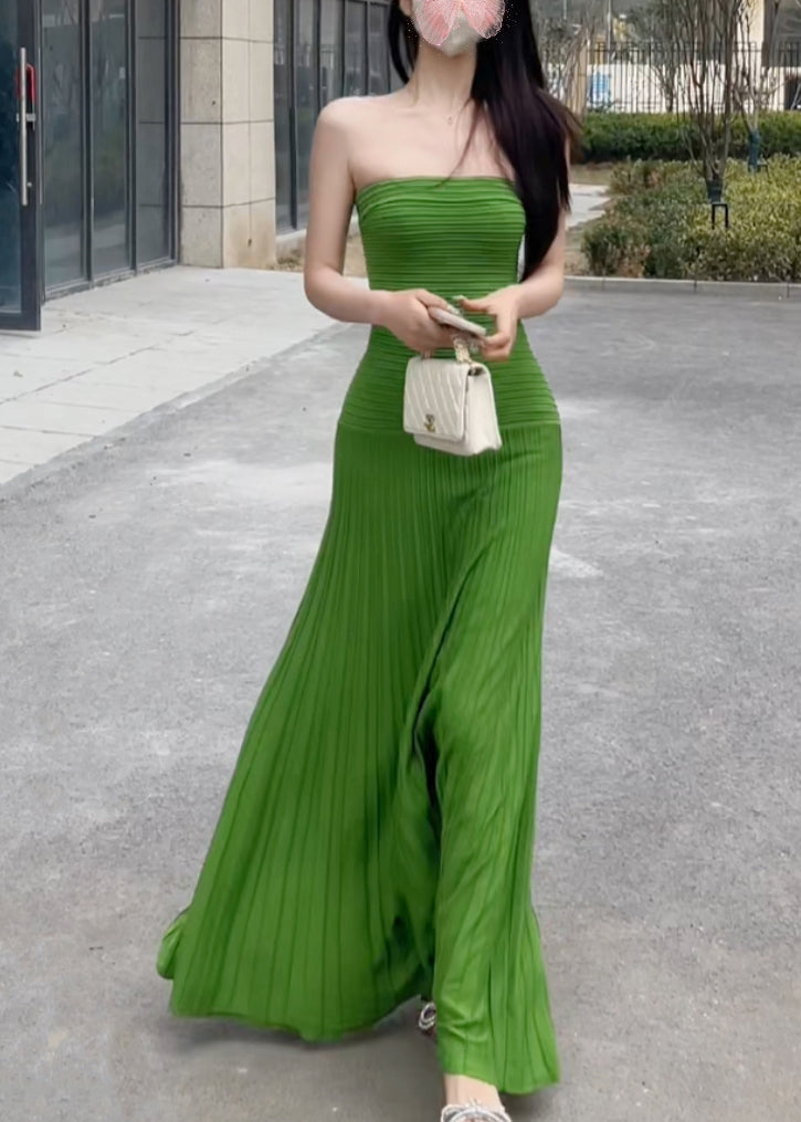 Slim Fit Green Cold Shoulder Tunic Knit Long Dresses Summer