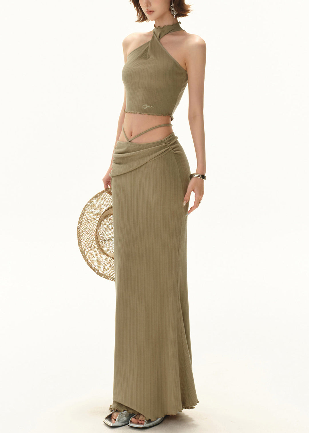 Slim Fit Green Hollow Out Lace Up Knit Two Pieces Set Sleeveless
