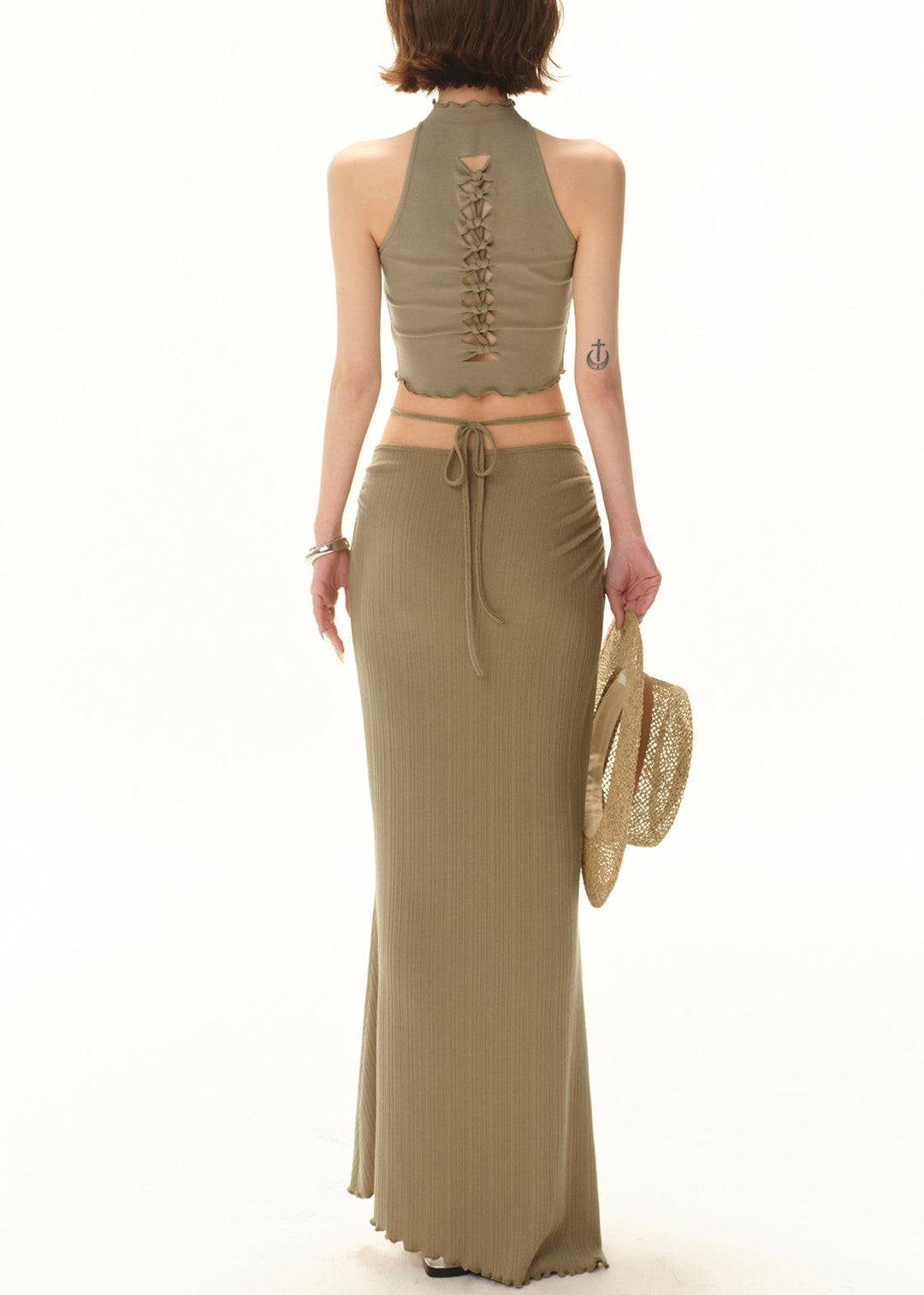 Slim Fit Green Hollow Out Lace Up Knit Two Pieces Set Sleeveless