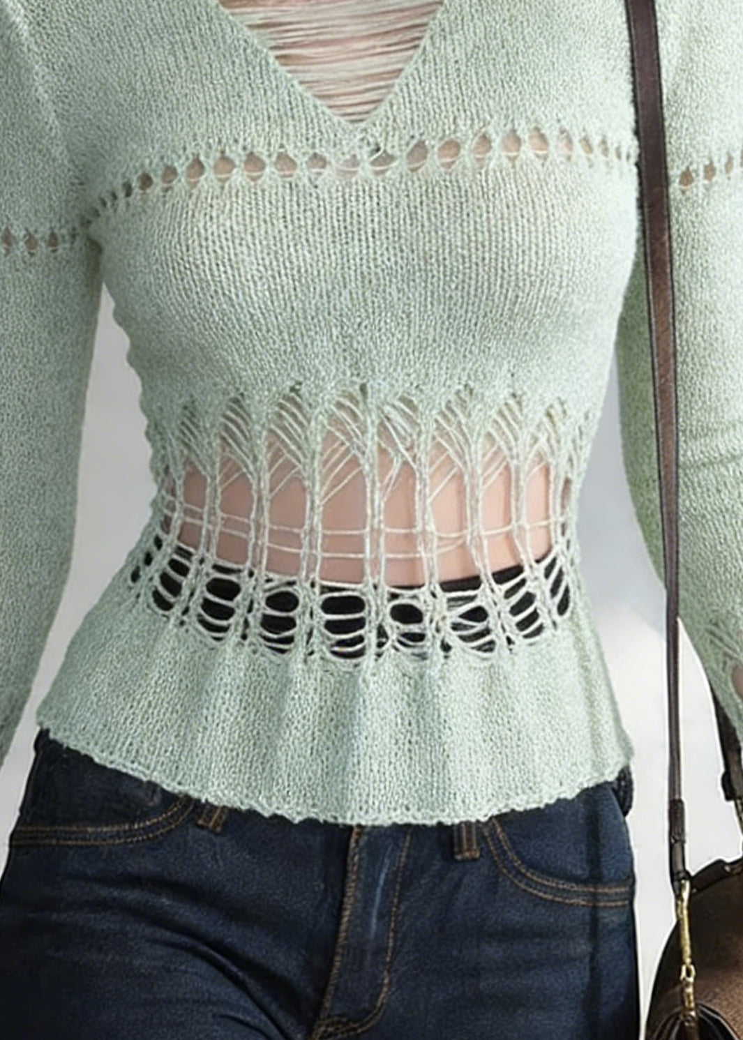 Slim Fit Green Hollow Out Solid Knit T Shirt Spring - Omychic