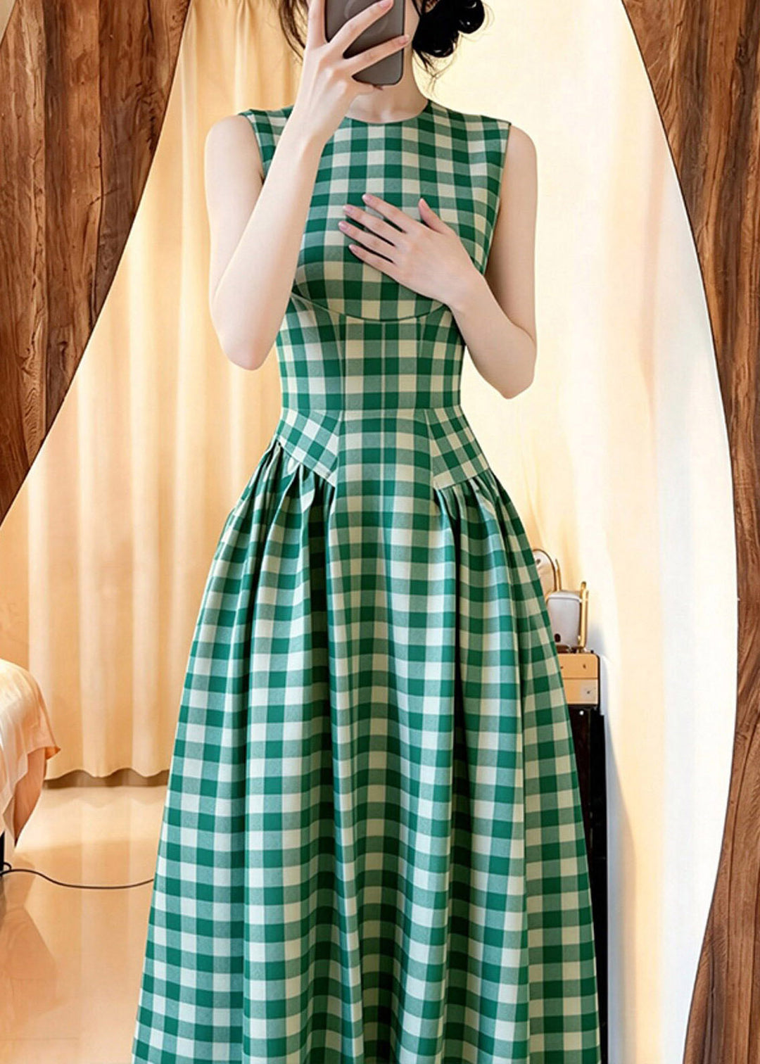Slim Fit Green O-Neck Plaid Tunic Long Dresses Summer