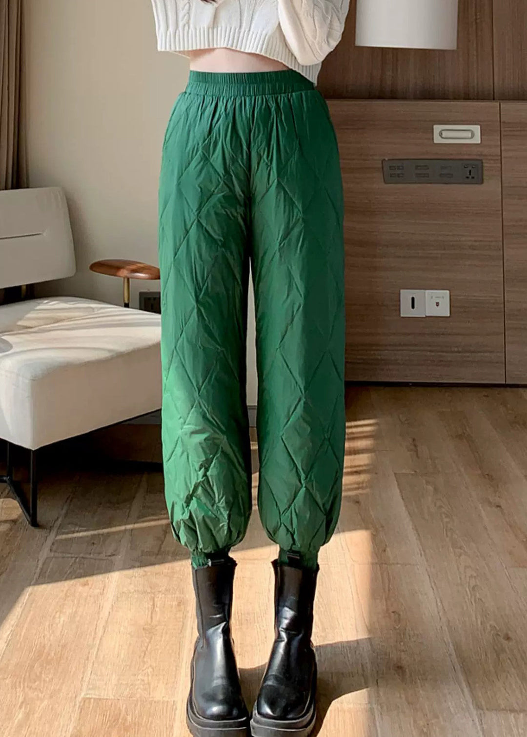 Slim Fit Green Plaid Side Open Fine Cotton Filled Crop Pants Winter