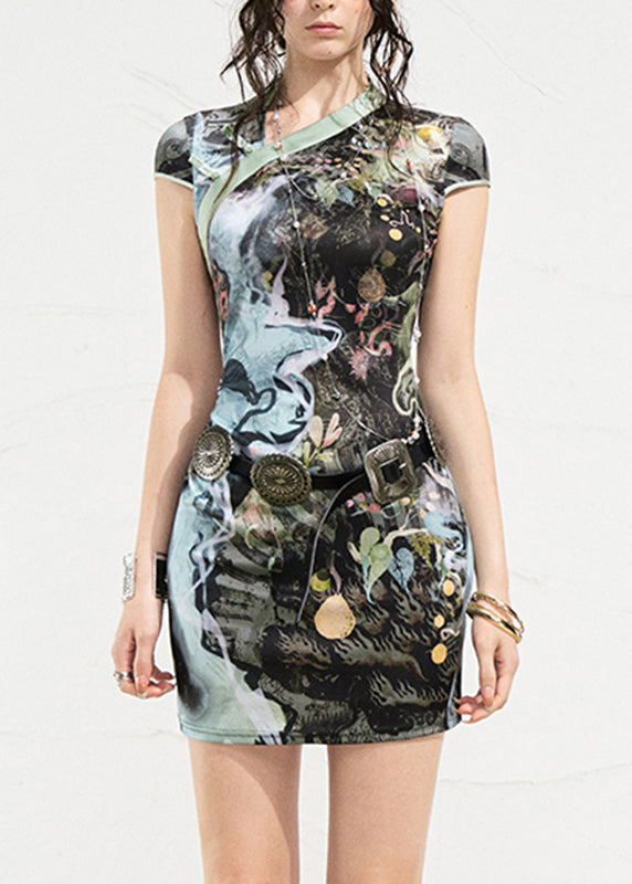 Slim Fit Green Print Button Mid Dress Summer