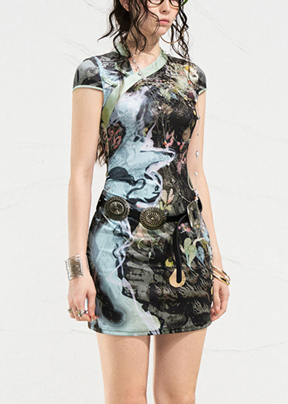 Slim Fit Green Print Button Mid Dress Summer