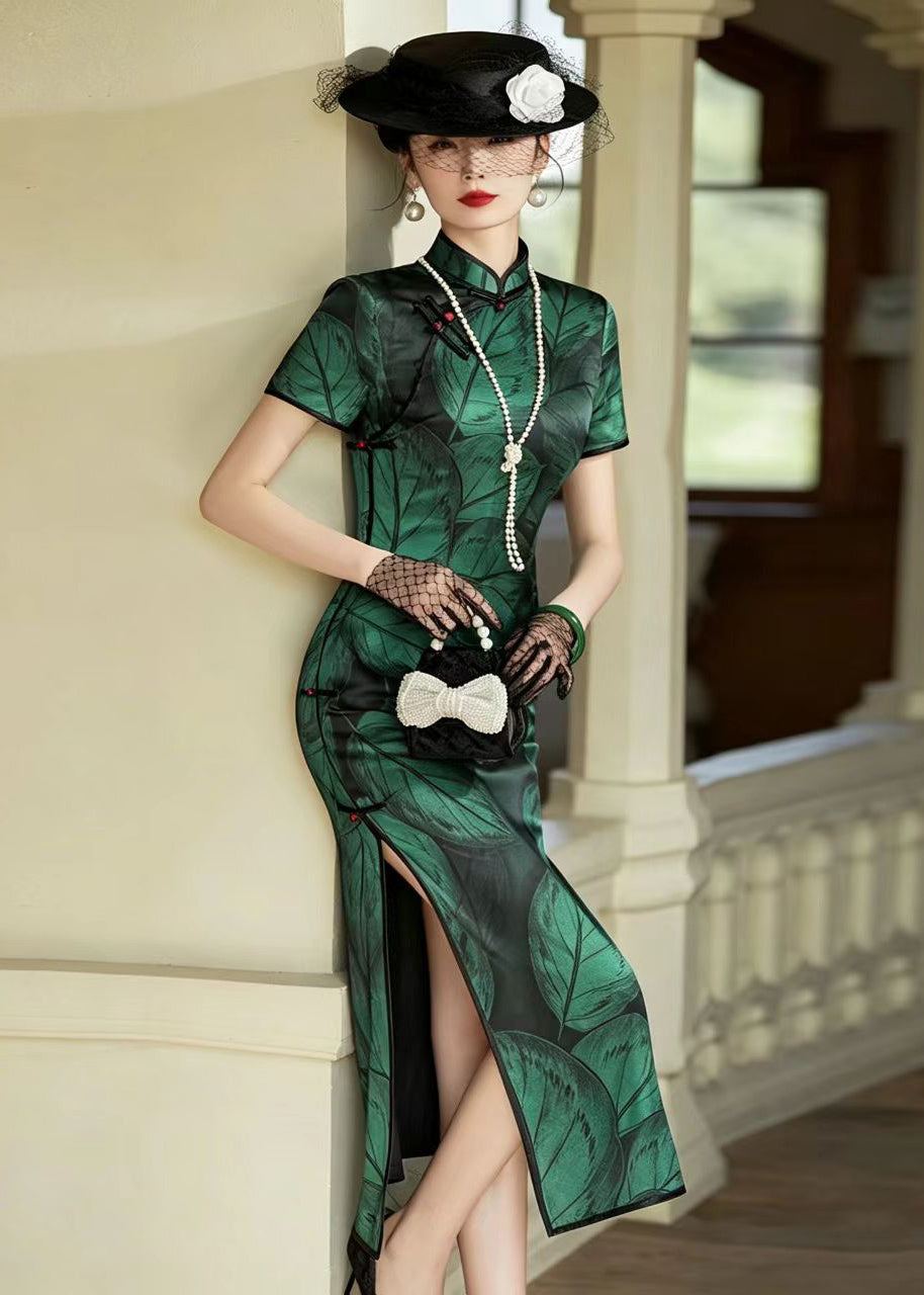 Slim Fit Green Print Stand Collar Chinese Buttons Maxi Dresses Short Sleeve