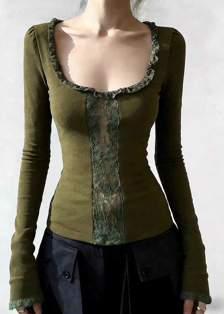 Slim Fit Green Ruffled Lace Patchwork Cotton T Shirts Spring