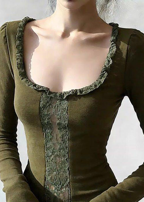 Slim Fit Green Ruffled Lace Patchwork Cotton T Shirts Spring