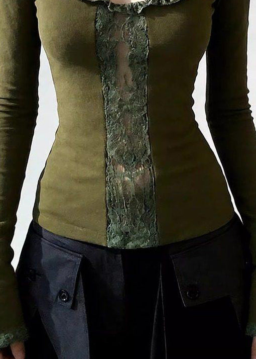 Slim Fit Green Ruffled Lace Patchwork Cotton T Shirts Spring