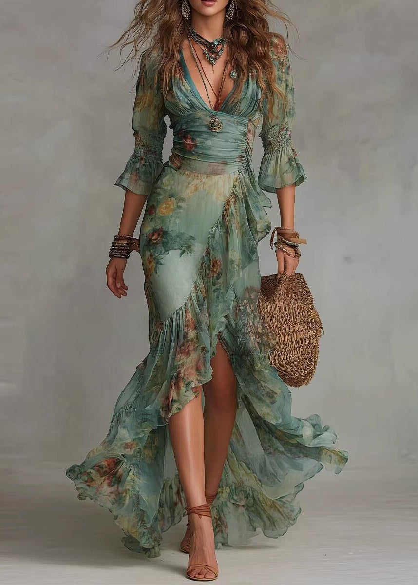 Slim Fit Green Ruffled Patchwork Asymmetrical Maxi Dresses Fall