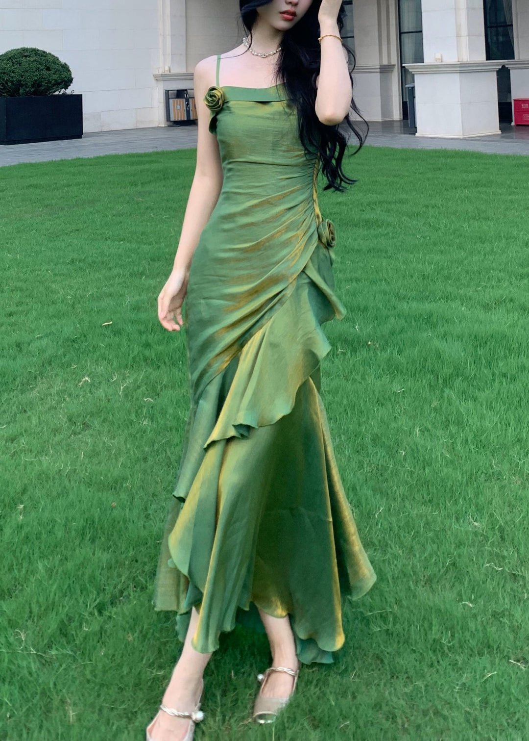 Slim Fit Green Ruffled Silk Spaghetti Strap Dress Sleeveless