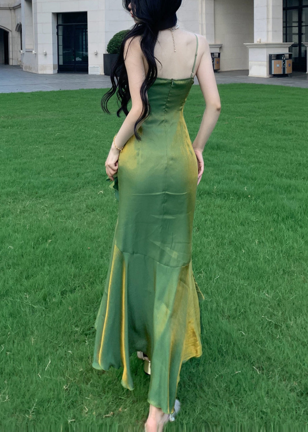 Slim Fit Green Ruffled Silk Spaghetti Strap Dress Sleeveless