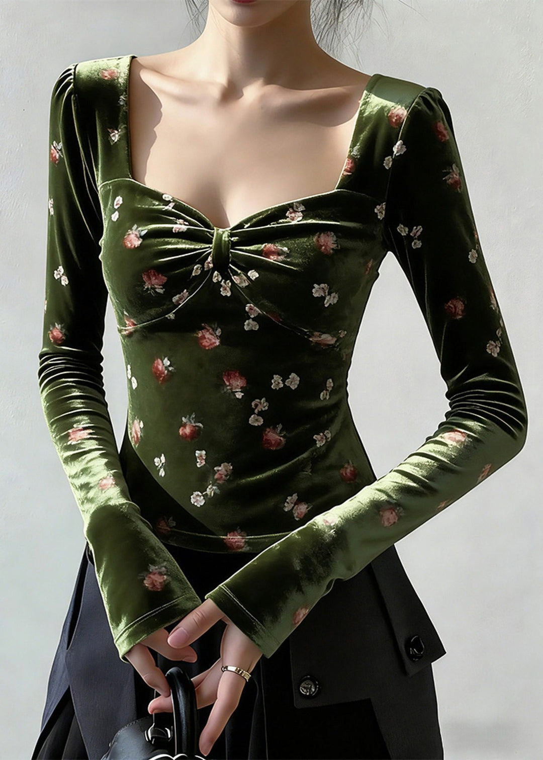 Slim Fit Green Square Collar Print Silk Velour T Shirt Spring