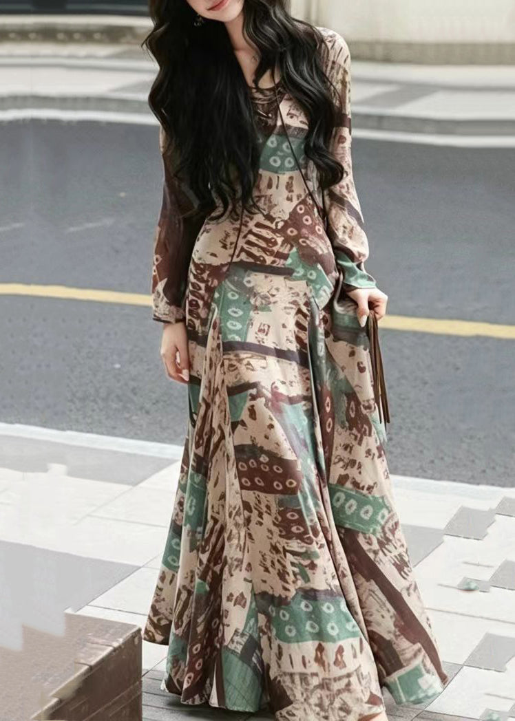 Slim Fit Green V Neck Cross Strap Print Vacation Dresses Long Sleeve