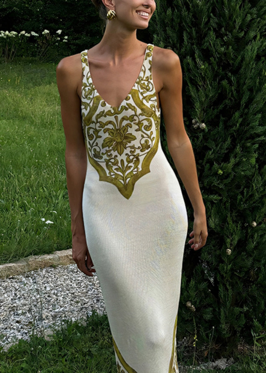 Slim Fit Green V Neck Print Cotton Maxi Dresses Sleeveless