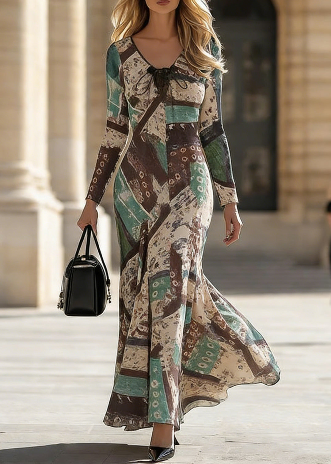 Slim Fit Green V Neck Print Long Dress Spring