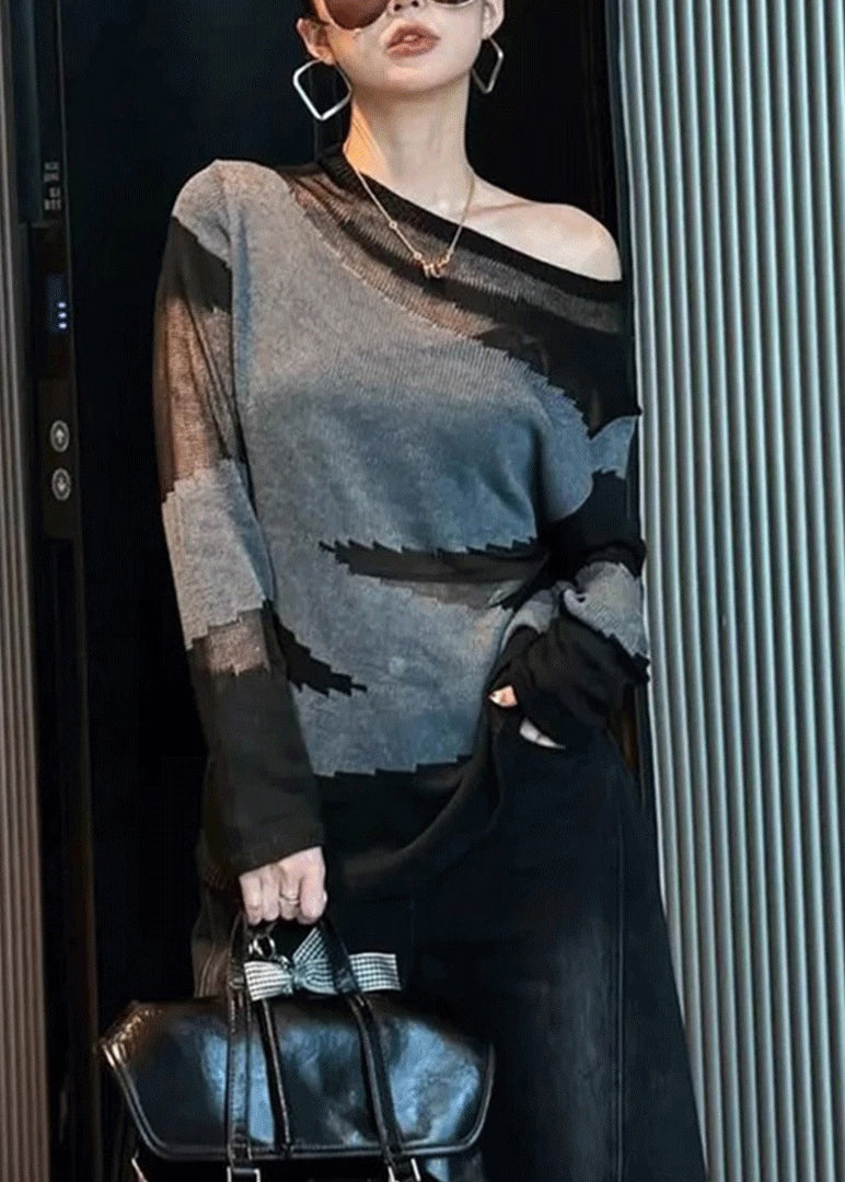 Slim Fit Grey Asymmetrical Patchwork Thin Knit Sweater Fall