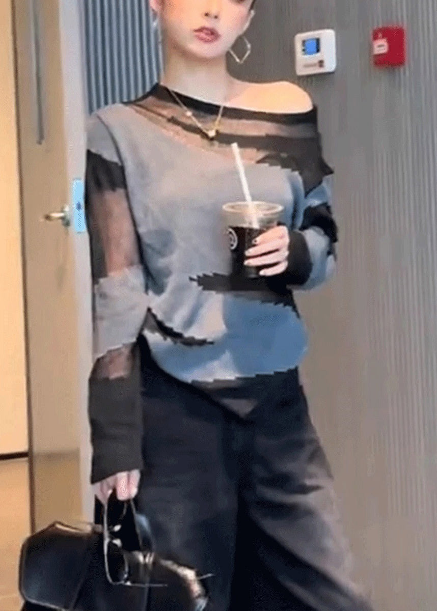 Slim Fit Grey Asymmetrical Patchwork Thin Knit Sweater Fall