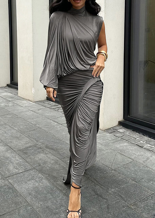 Slim Fit Grey Asymmetrical Wrinkled Tops And Skirts Two Pieces Set Fall