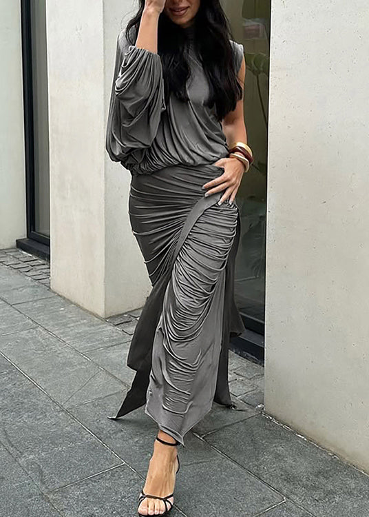 Slim Fit Grey Asymmetrical Wrinkled Tops And Skirts Two Pieces Set Fall