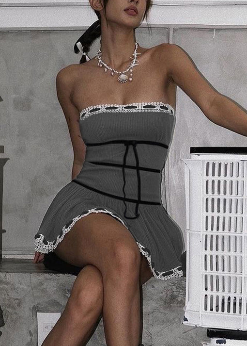 Slim Fit Grey Cold Shoulder Bow Cotton Mini Dress Sleeveless