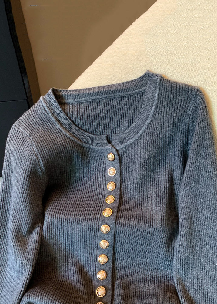 Slim Fit Grey Fluffy Patchwork Knit Sweaters Flare Sleeve