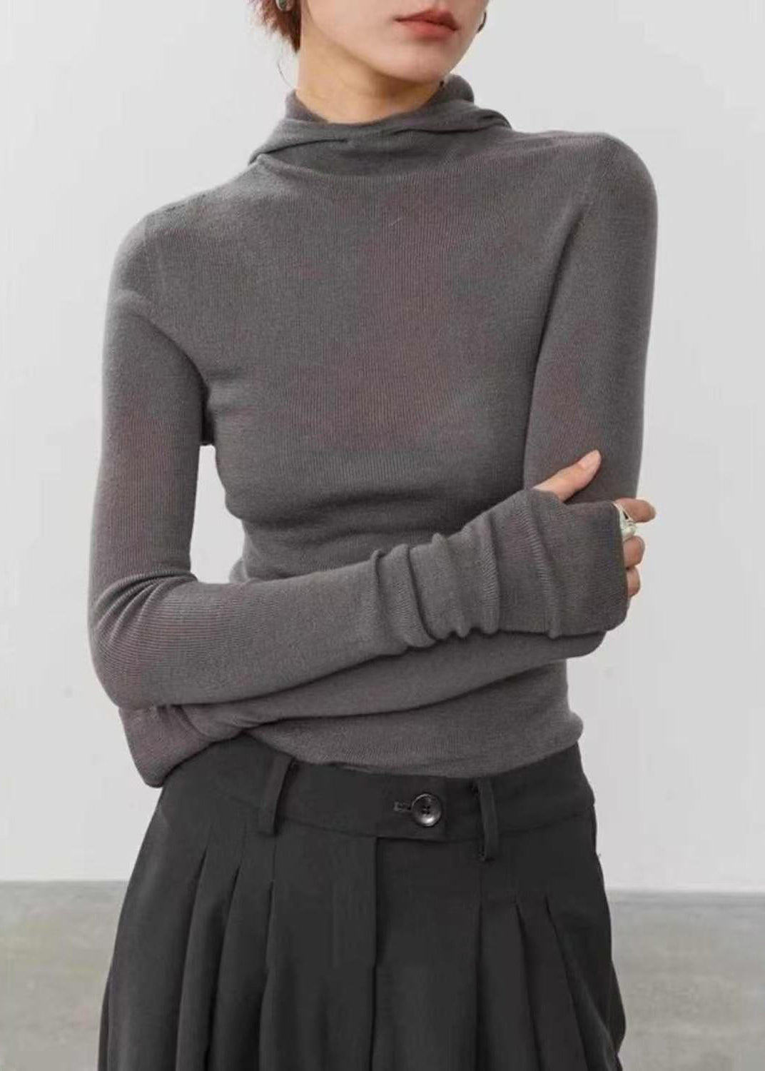 Slim Fit Grey Hooded Base Layey Knit Sweater Fall