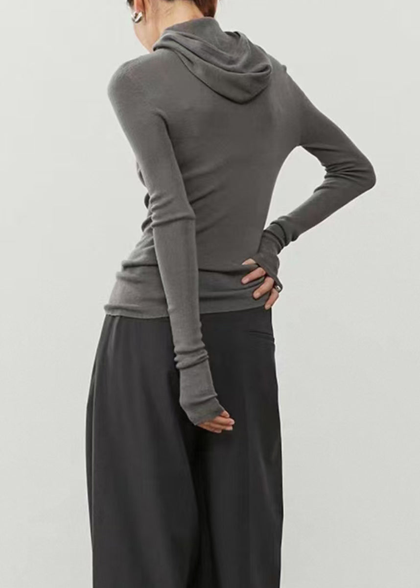 Slim Fit Grey Hooded Base Layey Knit Sweater Fall