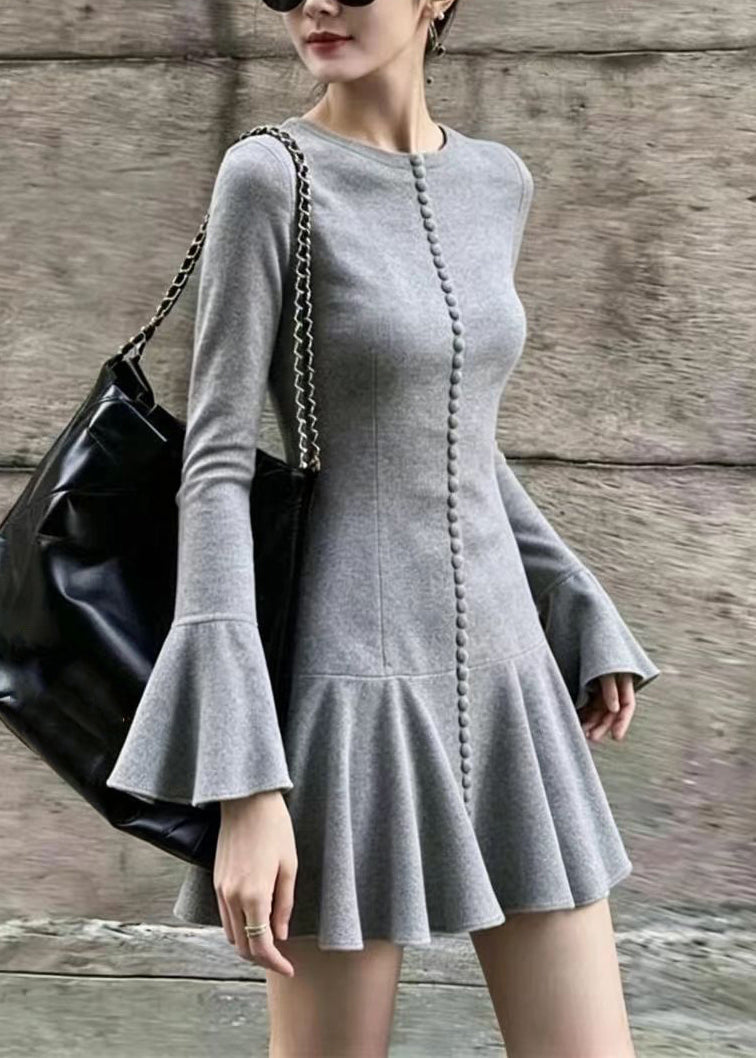 Slim Fit Grey O-Neck Mini Dress Flare Sleeve